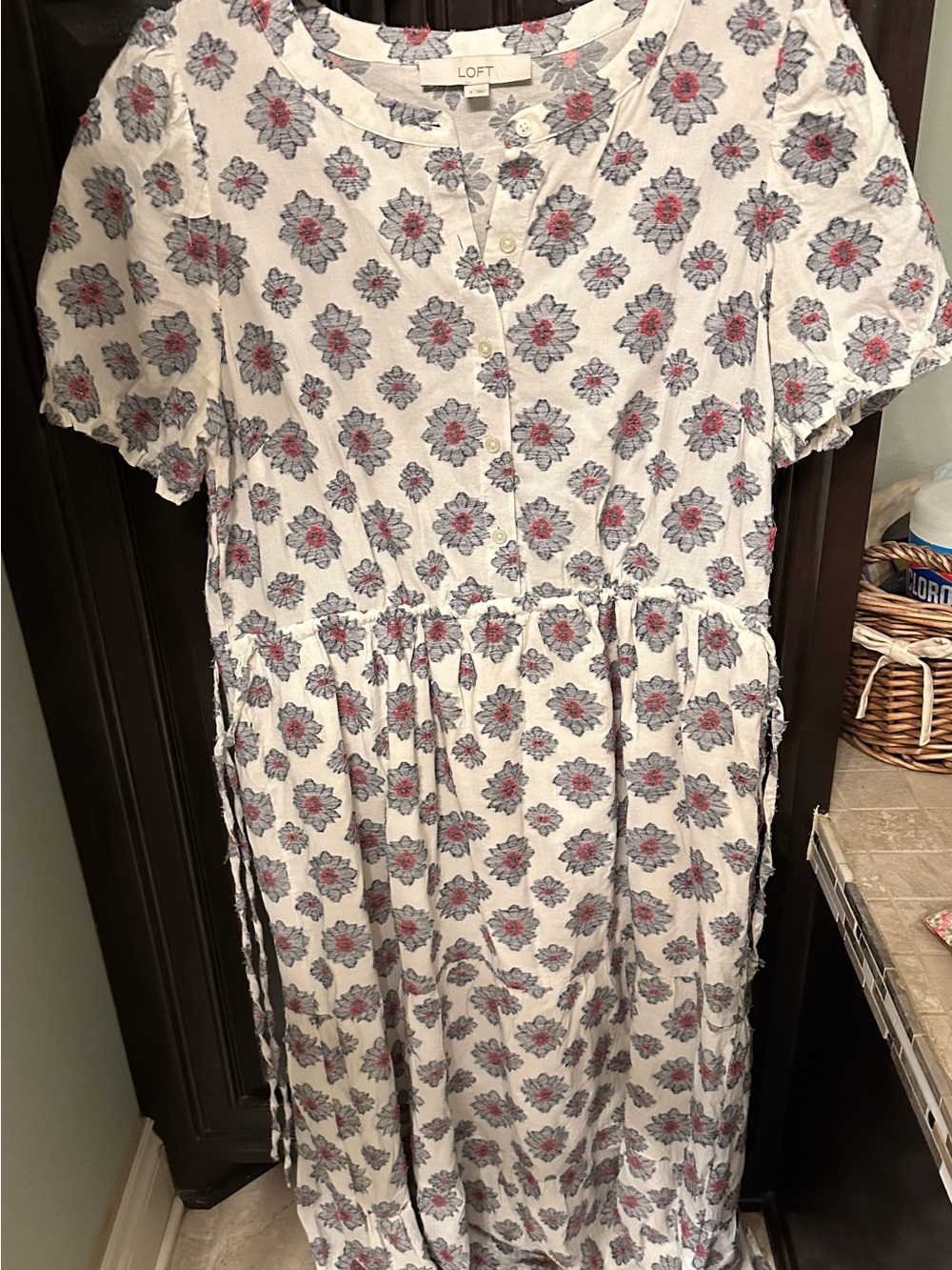 LOFT Cream Button-Front Floral Blouse with Blue and Pink Print